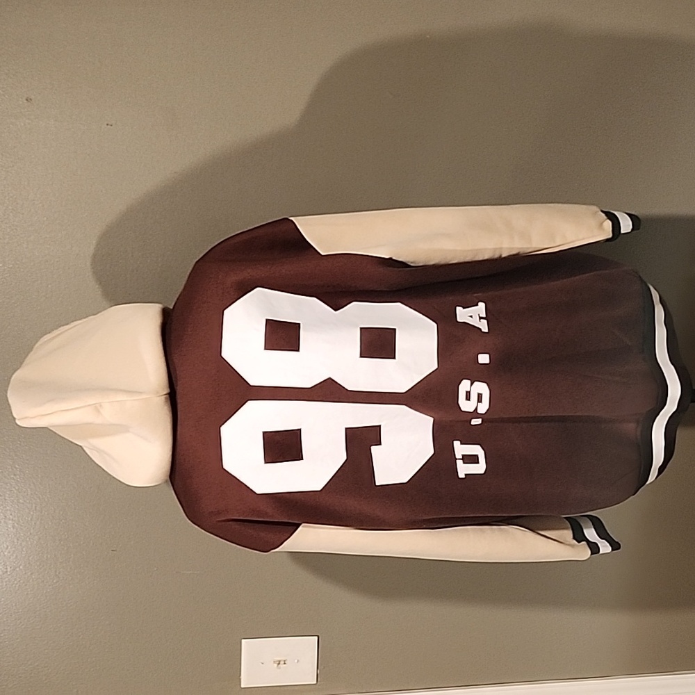 Brown and Cream Varsity Jacket with Hood - Picture 4 of 4